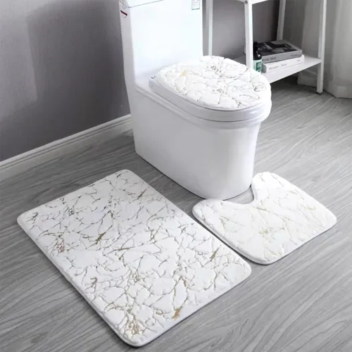 Miniatura 10 de Juego de 3 alfombras y tapetes de baño antideslizantes de mármol negro dorado, suave, lavable, absorbente de agua, con contorno en forma de U y tapa