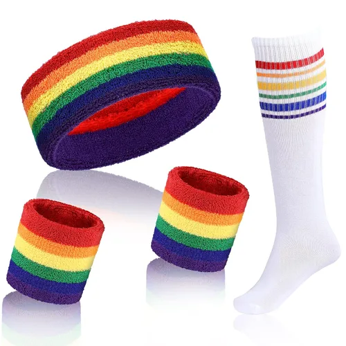 Skylety Juego de 5 calcetines a rayas para el sudor, banda para el sudor, diadema de rayas altas para hombres y mujeres, deportes, fiesta de los