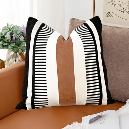 Miniatura 33 de Funda de almohada bohemia de color blanco y negro con piel, funda de cojín moderna de 22 x 22 pulgadas, funda de almohada de rayas estilo campestre