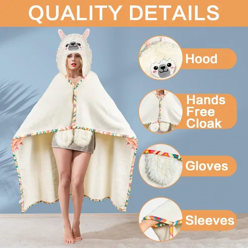 Miniatura 3 de Manta con Capucha de Llama Alpaca Usable para Adultos – Mullida Súper Suave Cálida Acogedora de Franela de Felpa y Sherpa Sudadera con Capucha Manta