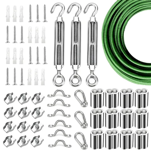 Miniatura 23 de Kit de suspensión de luces de cuerda de globo, cable guía de luz para exteriores, cable de acero inoxidable recubierto de vinilo, incluye 50 pies