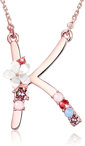 Collar Gemmance de flor, con inicial, de amatista, rosa, rubí rojo, ópalo azul, perla sintética, con nombre, de joyería, hecha con cristales de