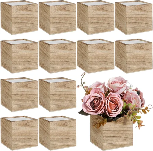 Miniatura 10 de Suzile Juego de 12 Cajas Plantadoras de Madera de 5 Pulgadas Jarrones Cuadrados de Flores para Centro de Mesa Caja Plantadora Cúbica Rústica