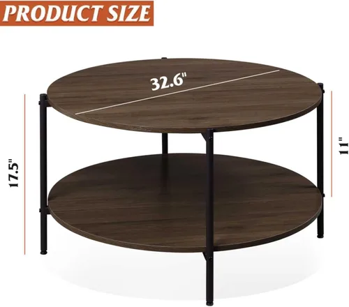 Miniatura 3 de WLIVE - Mesa de café redonda para sala de estar, mesa pequeña de 32.6 pulgadas con estante de almacenamiento abierto, mesa central de madera Nogal