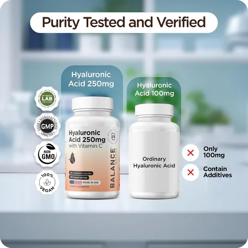 Miniatura 6 de Suplemento de ácido hialurónico puro de 250 mg con vitamina C de 50 mg, 120 cápsulas veganas, hidratación de la piel para un brillo natural