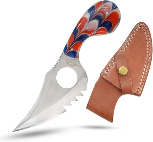 Cuchillo desollador de hoja fija hecho a mano, 7.25 pulgadas en total, hoja media dentada de acero inoxidable de 4.25 pulgadas, mango de resina, con
