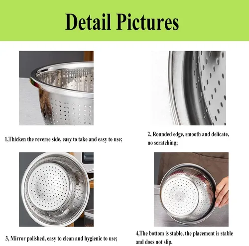 Miniatura 3 de Colador Profundo de Acero Inoxidable Microperforado de 2.5 Quart, Colador de Alimentos de Metal con Asas de Silicona Verde para Drenar Pasta