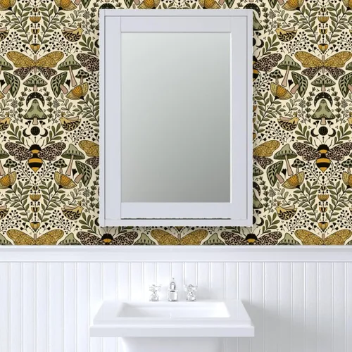 Miniatura 9 de Muestras de papel tapiz autoadhesivo - Nouveau Naturaleza Verde Amarillo Mariposa Naturaleza Bosque Plantas Art Nouveau Polilla Bohemia Abeja