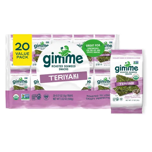 Miniatura 9 de Gimme Algas Marinas Orgánicas Premium Tostadas, Sal Marina, 20 Unidades, Keto, Vegano, Sin Gluten, Gran Fuente de Omega3 y Yodo, Aperitivo Saludable