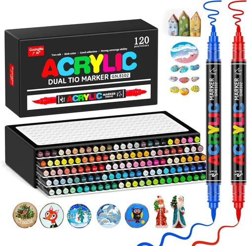 DICEKOO Marcadores de pintura acrílica de 120 colores, marcadores de doble punta que no se corre con control automático de tinta, 30% más de tinta,
