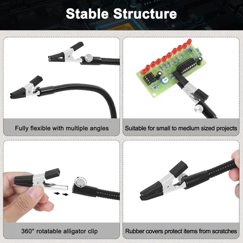 Miniatura 2 de Helping Hands - Herramienta de tercera mano para soldar con base de aluminio, 4 brazos de metal flexibles y clips de cocodrilo, herramienta