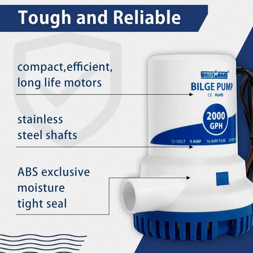 Miniatura 4 de WASSERMANN Bomba de sentina de 2000 GPH de 12 V, bombas de agua de sentina sumergibles marinas de servicio pesado para barcos con cable