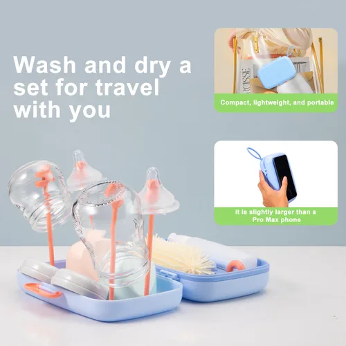 Miniatura 3 de Kit limpiador de botellas de viaje Suvast 7en1 con cepillo para biberones y rejilla para secar botellas, limpieza rápida, fácil portabilidad (Azul)