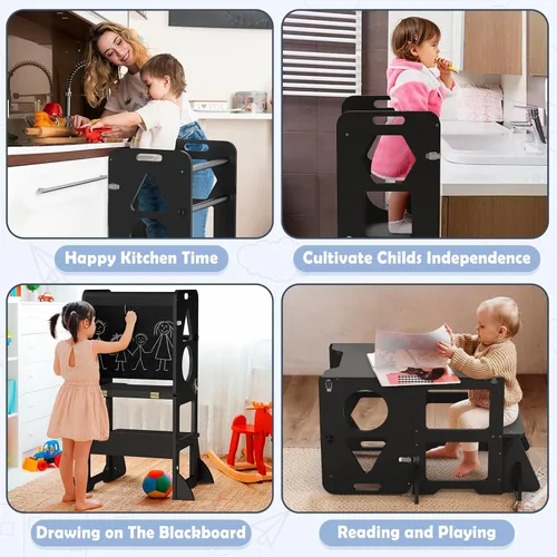 Miniatura 4 de Woodure Taburete de cocina 4 en 1 para niños, torre de pie plegable de aprendizaje con pizarra, taburete de cocina de madera para niños, regalos