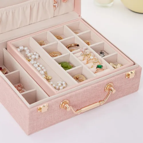 Miniatura 5 de Joyero portátil para mujeres y niñas con piel sintética, caja organizadora de aretes con espejo de maquillaje para regalos de Navidad y Año Nuevo