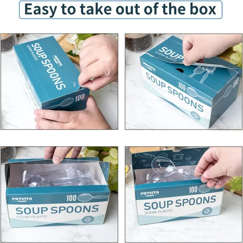 Miniatura 5 de Cucharas de sopa de plástico, cubiertos transparentes pesados, utensilios desechables para suministros de fiesta, paquete de 100