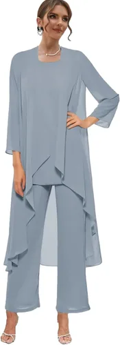Chiffon Mother of The Bride Pant Suits for Women 3 Piece Formal Dress with Jacket Long Evening Party Gown