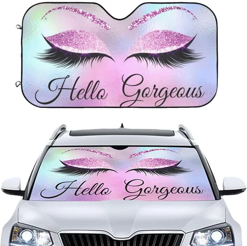 Miniatura 5 de Parasol para el parabrisas delantero del automóvil con leyenda Hello Gorgeous, pestañas y corona dorada, bloquea los rayos UV en verano, es plegable