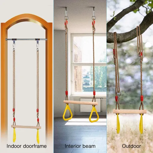 Miniatura 6 de PELLOR - Barra de trapecio de madera para juegos infantiles con anillos de gimnasio de plástico, juego de columpio para diversión en interiores