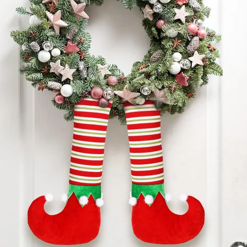 Miniatura 5 de 6 patas de elfo de Navidad, púa de botas, rayas con purpurina, patas rellenas de elfo con alambre fijo, decoraciones colgantes para árbol