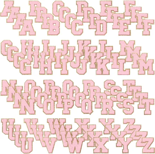 104 parches de letras termo-adhesivas de felpilla de la A-Z, parches de reparación del alfabeto, parches de letras bordadas para coser con borde Rosa