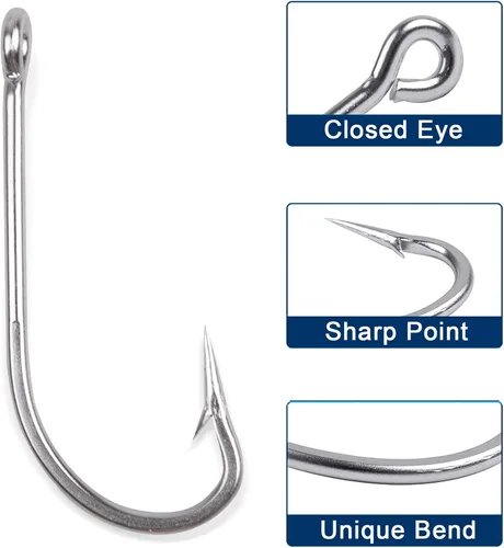 Miniatura 3 de Anzuelos de Pesca de Agua Salada J Hooks O'Shaughnessy Forjados Extra Fuertes de Acero Inoxidable para Trolling Lubina Rayada Pargo, Tamaño 1/0-10/0