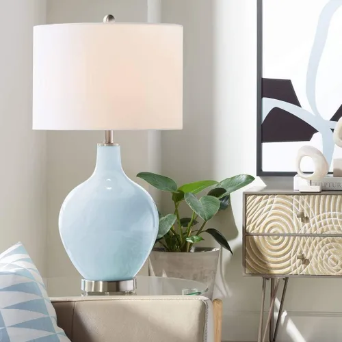 Miniatura 17 de Color + Plus Lámpara de mesa moderna de 28.5 pulgadas de alto, cristal azul Mónaco OVO blanco con pantalla de tambor de lino para sala de estar