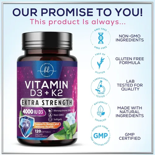 Miniatura 4 de Vitamina D con K2 (MK-7) – Vitamina D3 4000IU (125 mcg) por porción – Suplemento complejo D3K2 para huesos, dientes, músculos, absorción de calcio
