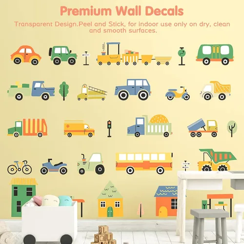 Miniatura 2 de Calcomanías de pared extraíbles de vehículos de ciudad de dibujos animados para decoración de pared de habitación de niños, vehículos de transporte