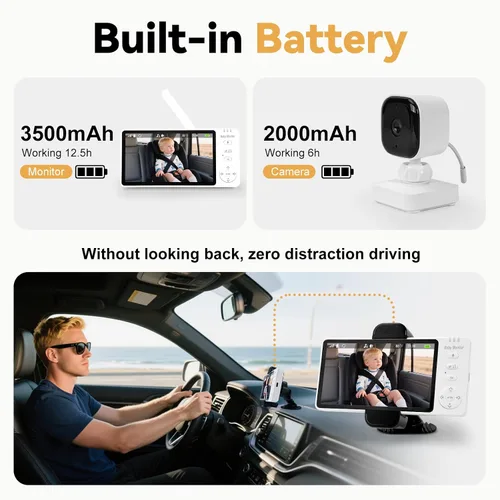 Miniatura 2 de Cámara Inalámbrica para Coche de Bebé 2000mAh Monitor 3500mAh Encendido/Apagado Automático Monitor de Cámara de Bebé para Coche Sin Wifi - Espejo