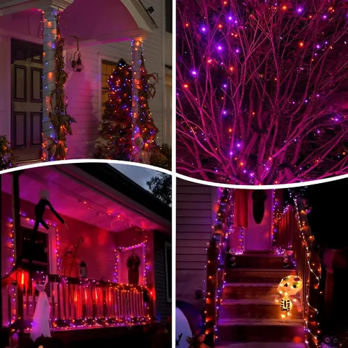 Miniatura 8 de weillsnow Luces de Halloween Moradas y Naranjas, 200 LED 66 Pies con Enchufe Luces de Cadena de Halloween Impermeables, 8 Modos con Memoria