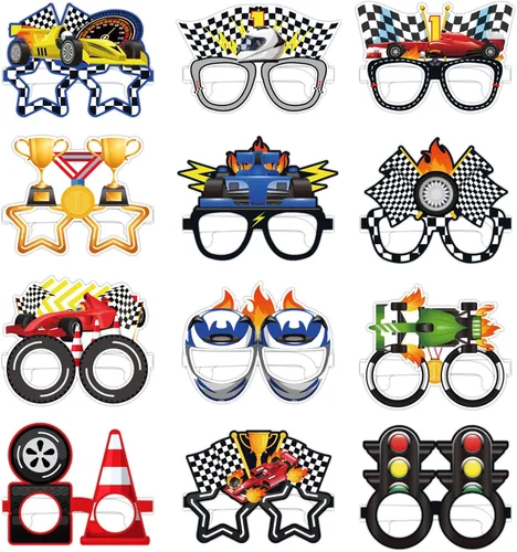 12 piezas de decoración de fiesta de coches de carreras, anteojos de papel, accesorios para cabina de fotos, suministros para fiestas de cumpleaños