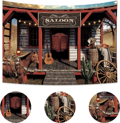 Miniatura 2 de Telón de fondo vintage vaquero occidental 2.1x1.5 m puerta de granero de madera rural para bar de país, salón, caballo, oeste salvaje, tela