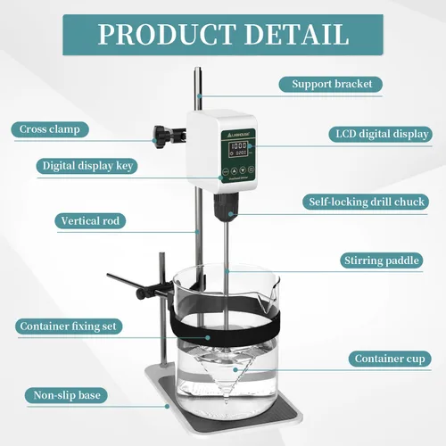 Miniatura 7 de Agitador digital OS-5S de 10L (H₂O), soporte de acero inoxidable de base plana y 2 paletas de agitación y soporte para vaso de precipitados