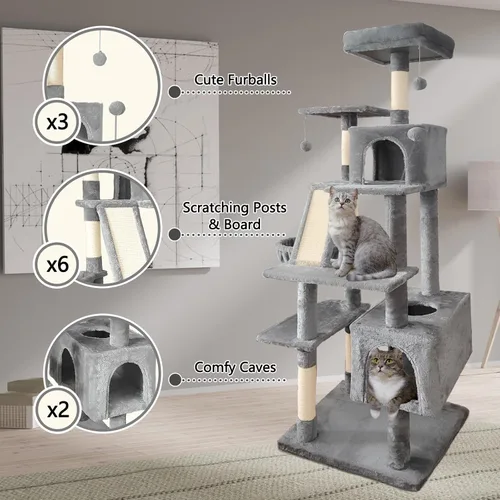 Miniatura 6 de Torre de árbol para gatos de 70 pulgadas para gatos de interior, condominio de torre para gatos de varios niveles con poste rascador de sisal