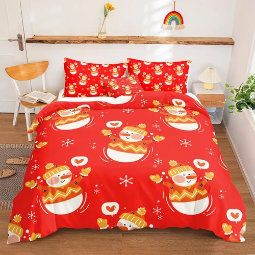 Miniatura 48 de Juego de ropa de cama de Navidad con funda de edredón de copos de nieve, color blanco y rojo, con estampado navideño, juego de ropa de cama festiva