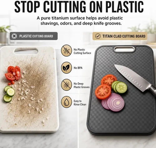 Miniatura 3 de Tabla de cortar de titanio para cocina, tabla de cortar de doble cara de grado alimenticio, titanio puro y paja de trigo PP, resistente a