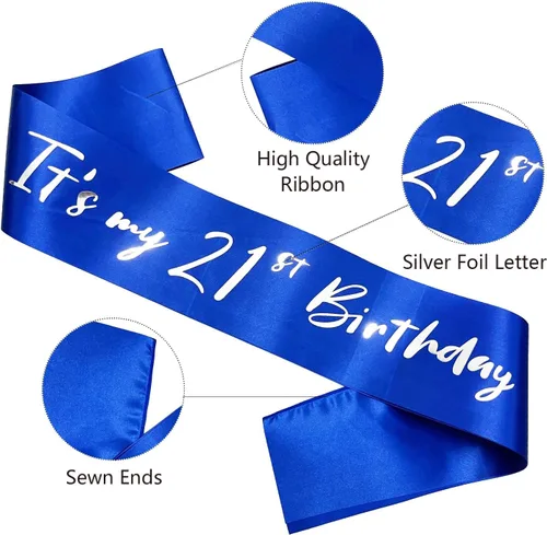 Miniatura 2 de Banda de cumpleaños número 21, bandas suaves de satén azul con letras plateadas, decoraciones de cumpleaños para niñas o niños, suministros de 21