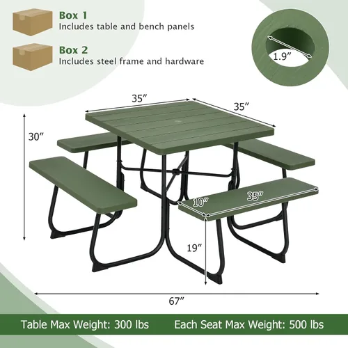 Miniatura 9 de Giantex Juego de mesa de picnic para 8 personas, mesa y banco al aire libre con agujero para paraguas, parte superior de polietileno de alta Verde