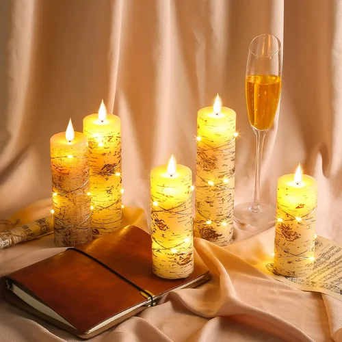 Miniatura 4 de Da by Velas LED pintadas a mano con diseño en relieve de corteza de abedul, juego de 5 velas (alturas: 4", 5", 6", 7", 8") alimentadas por