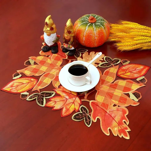 Miniatura 2 de Manteles individuales bordados de hojas de arce a cuadros para Acción de Gracias, decoración de cosecha de otoño (13 x 19 pulgadas, juego de 4)