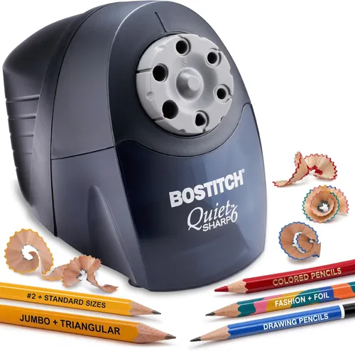 Bostitch Office QuietSharp - Sacapuntas eléctrico, resistente para uso en aula u oficina, selector de tamaño con 6 tamaños diferentes, color negro