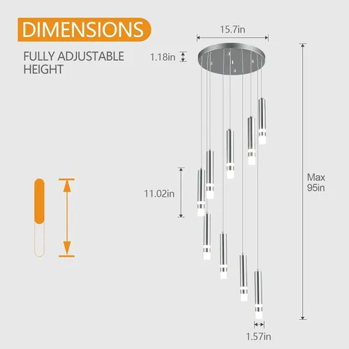 Miniatura 5 de Lámpara de techo colgante moderna de 9 luces regulable LED 54W dorada, gran lámpara de araña para escalera, vestíbulo, sala de estar, dormitorio