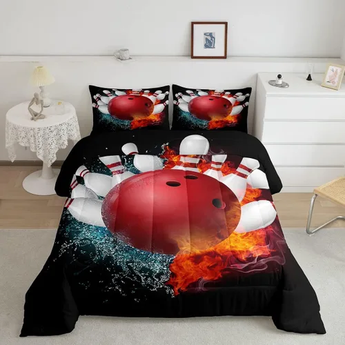 Erosebridal Juego de edredón de fiesta de bolos para niños y niñas, juego de ropa de cama de bola de boliche, tamaño individual, marco de agua y
