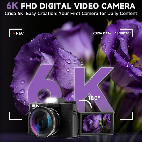 Miniatura 2 de Cámara digital 6K para fotografía con enfoque automático, cámara de videoblogs WiFi de 64 megapíxeles para YouTube con pantalla giratoria de 3" Negro