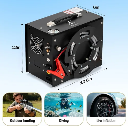 Miniatura 5 de TUXING Compresor de aire PCP, bomba de aire de alta presión 4500 Psi 30 Mpa, convertidor de potencia DC12V/AC120V incorporado, parada automática
