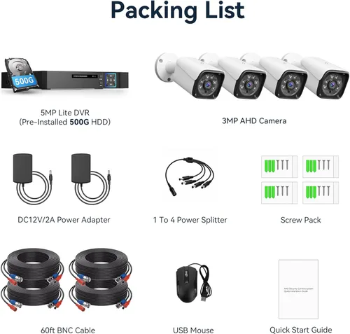 Miniatura 8 de Sistema de cámara de seguridad con cable para exteriores, 4CH 5MP Lite AHD DVR con disco duro de 500G, 4 x 3MP cámara CCTV con cable, kit DVR