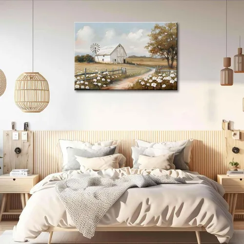 Miniatura 7 de Lienzo de granero de granja, arte de pared de granja rústica, paisaje, naturaleza, decoración, cuadros retro, campo de flores, prado, granero