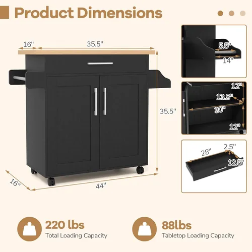 Miniatura 5 de LOKO Carrito de isla de cocina con ruedas, armario de almacenamiento de cocina con cajón, toallero, estante para especias y estante ajustable