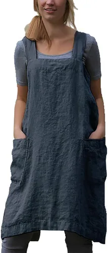 Miniatura 12 de Delantal Pinafore con espalda cruzada con bolsillos, delantal de lino y algodón, talla grande Azul